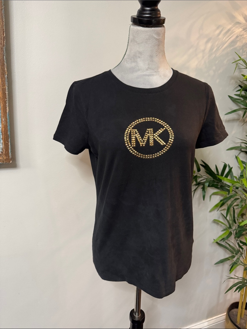 Michael Kors Black Short Sleeve Tee with Gold Studded MK Emblem - Picture 4 of 12